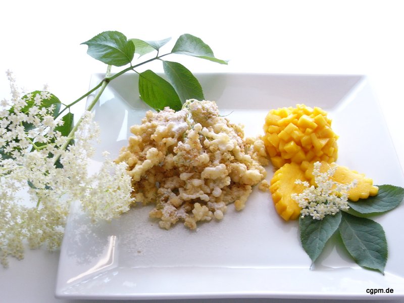 Holunderküchlein mit Mango-Kompott