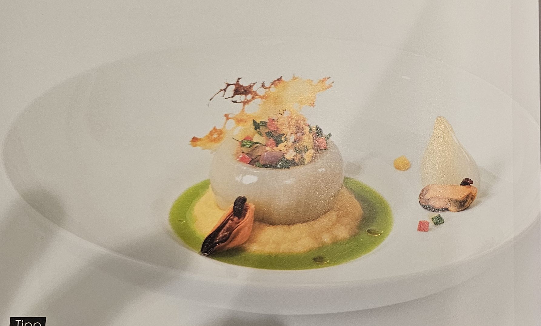 Zwiebel mit Maisgrieß, Muscheln und Parmesan